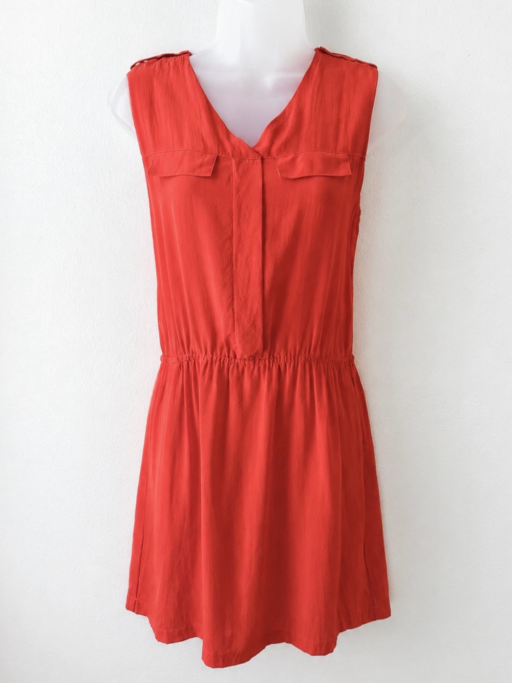 Amour Vert Silk Dress Medium Orange Red Sleeveless Pockets